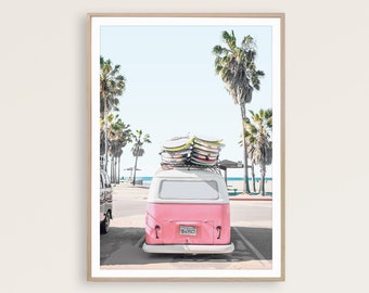 Beach Print VW Bus Print Pink Camper Van Decor Surf Poster Retro Van Print Coastal California Wall Art Surfing Poster Pink Wall Art