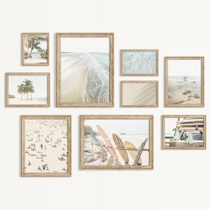 Arte de pared costero, galería neutral, juego de 9 impresiones de playa, póster del océano, decoración de pared de surf, póster de tabla de surf, impresión de surf, arte de pared de palmera