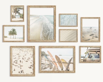 Coastal Wall Art Neutral Gallery Wall Set of 9 Beach Prints Ocean Poster Surf Wall Decor Surfboard Poster Surfing Print Palm Tree Wall Art