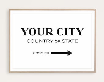 Custom City Distance Print, Modern Home Decor, Living Room, Office, Dorm Wall Art