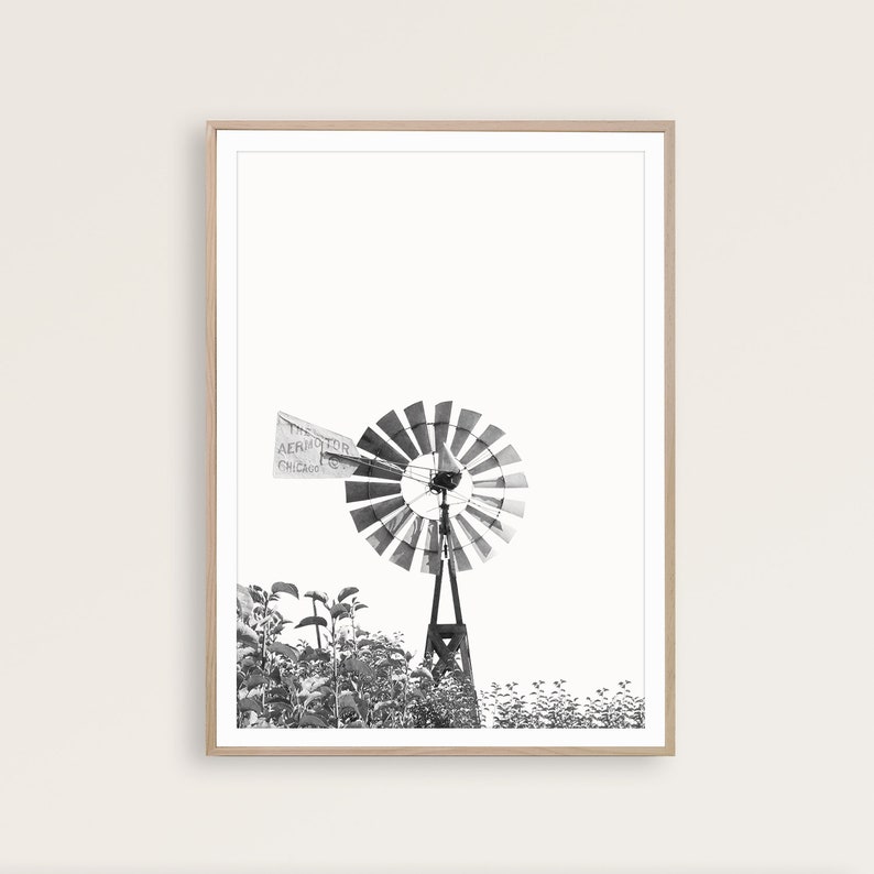 May include: Black and white photograph of a windmill with the text "The Aermotor Chicago" on the side. The windmill is surrounded by tall grass.