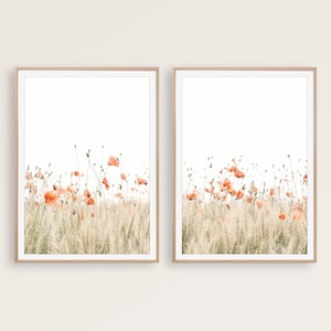 Poppy Print Set of 2 Botanical Prints Flower Print Set Farmhouse Poster Neutral Decor Beige Wall Art Printable Boho Prints 2 Piece Wall Art