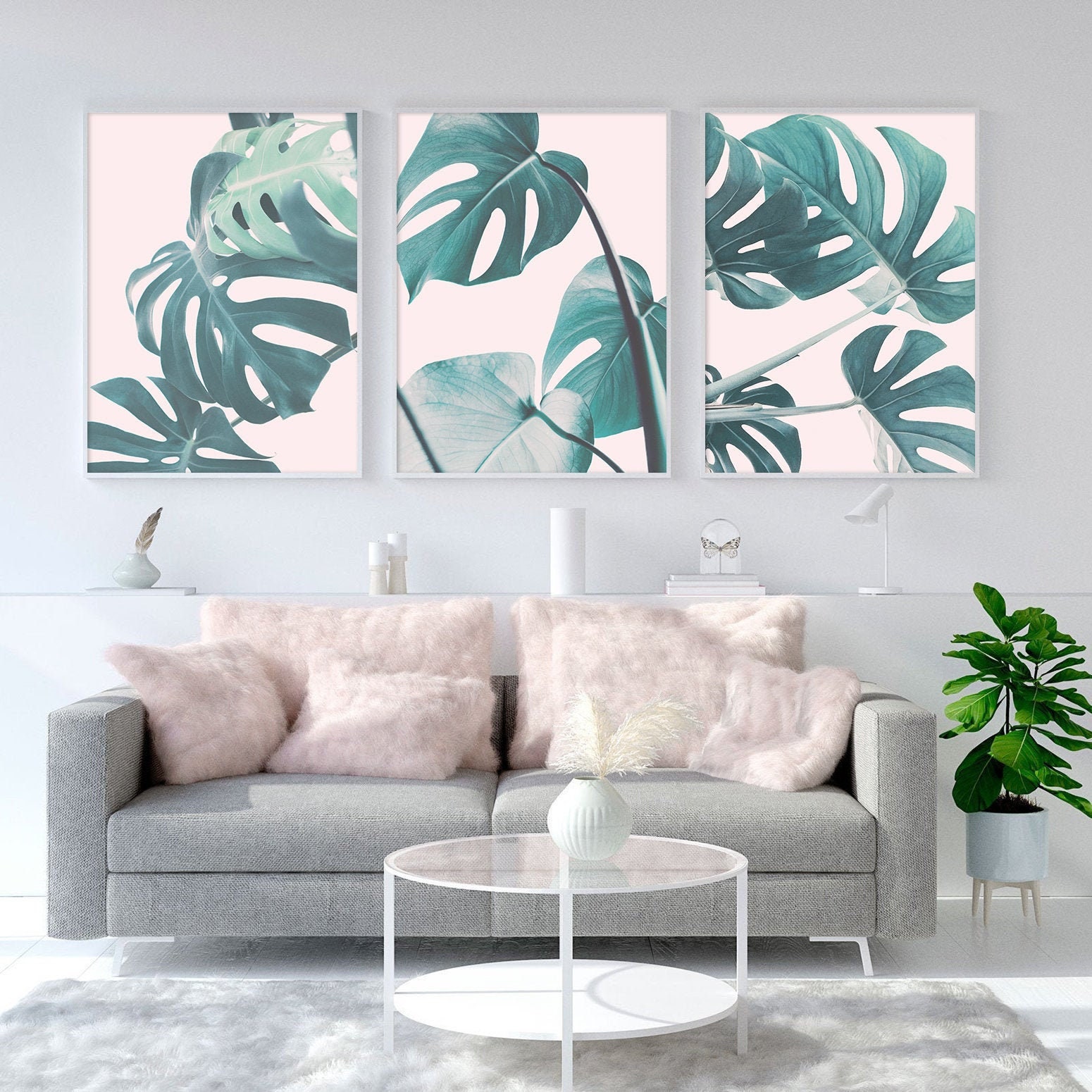 Pink Tropical Print Blush Pink Wall Art Set of 3 Nature Prints Etsy