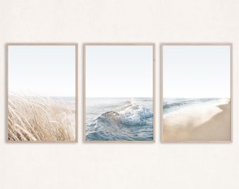 Conjunto de 3 impressões costeiras acima da cama, decoração de parede, arte de parede de praia, conjunto de impressões de quarto, pôster de praia, impressão de arte oceânica, arte de parede neutra