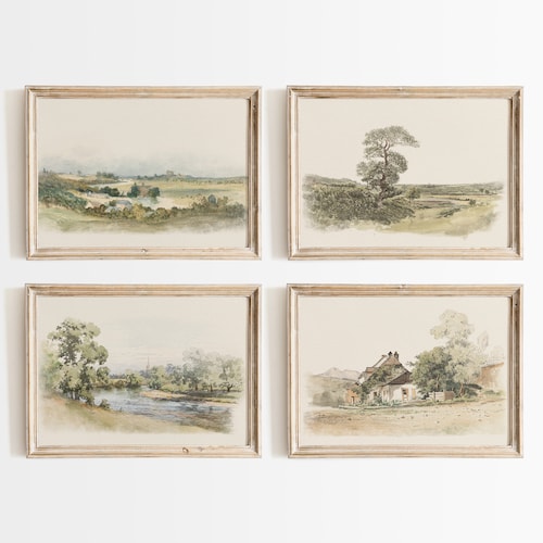 Impressions vintage de paysages aquarelles : décoration de ferme neutre, lot de 4 oeuvres d'art murales, téléchargement numérique
