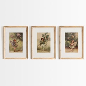 May include: A set of three framed vintage fairy prints. Each print shows a fairy with delicate wings, holding flowers. The fairies are depicted in a whimsical, antique style, set against a backdrop of foliage and soft colours. The frames are a light wood tone.