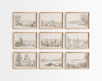 Vintage Landscape Sketch Prints: Rustic Country Art, Farmhouse Gallery Wall Set, Digital Download