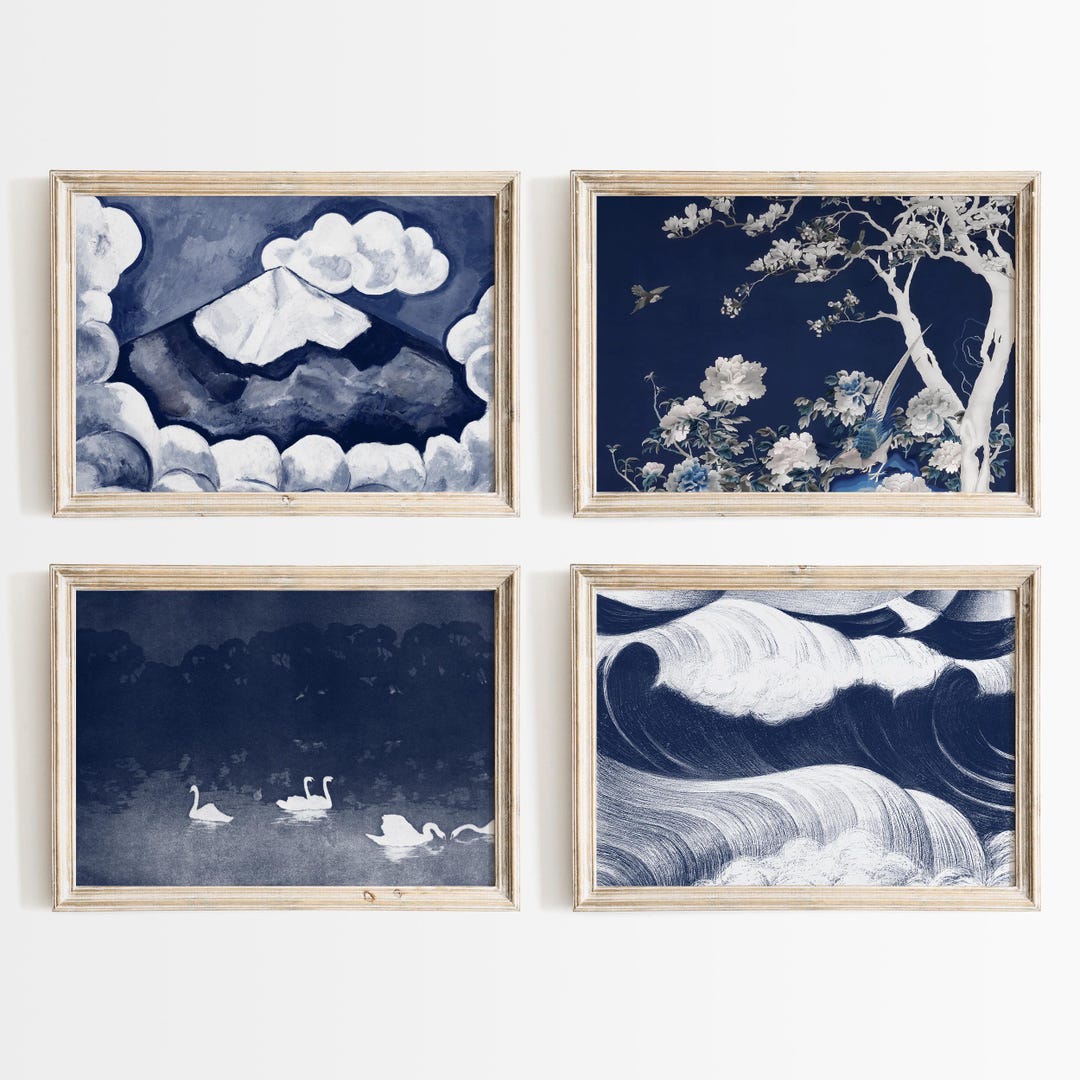 Navy Blue Japanese Landscape Print Set of 4 • Eclectic Wall Art for ...