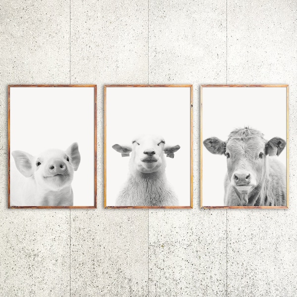 Farm Animal Prints Nursery Wall Art Farmhouse Print Set of 3 Prints Black and White Print Rustic Nursery Decor Gallery Wall Print Farm Decor