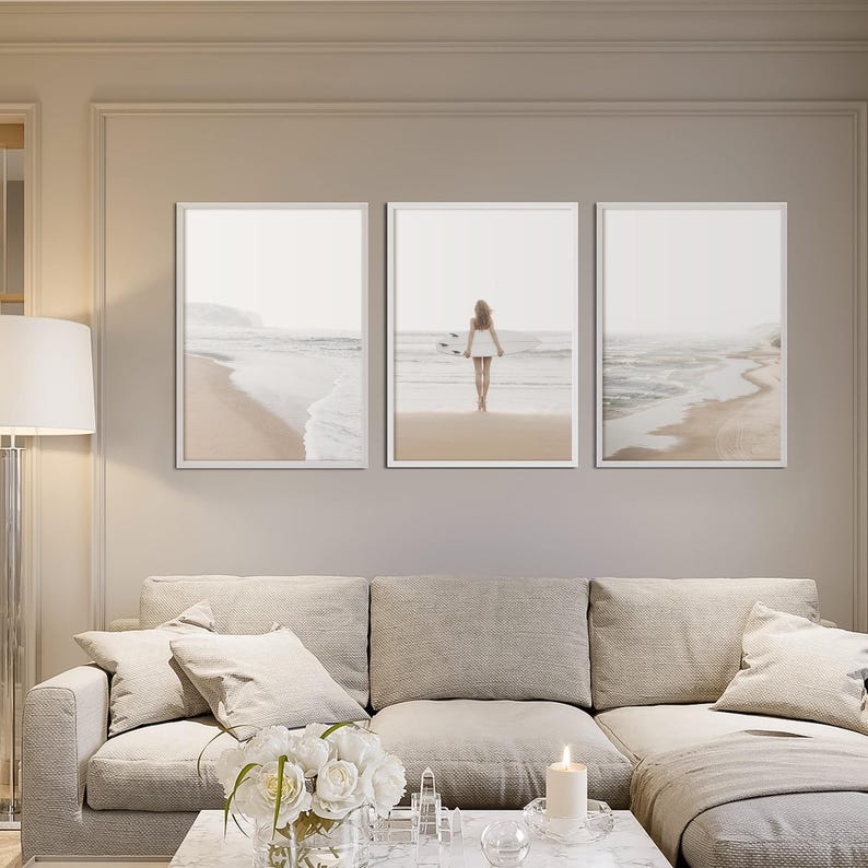 Set of 3 Wall Art Surf Prints: Neutral Coastal Beach Print, Boho Posters for Bedroom, Surfer Girl Print image 2