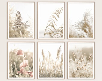 Wall Art Set Farmhouse Decor Botanical Prints Set of 6 Prints Country Home Decor Rustic Wall Art Neutral Boho Print Bohemian Art Grass Print