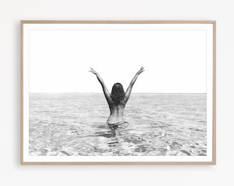 Ocean Woman Black and White Print, Coastal Wall Art, Sea Poster, Digital Download