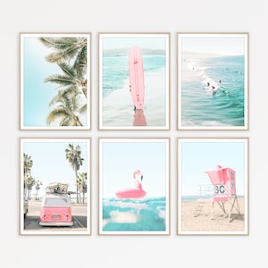 Surf Print, Set Of 6, Beach Print, Coastal Decor, Pink Wall Art, Tropical Print, Ocean Art, Gallery Wall Set, Beach Wall Art, Surfboard Art
