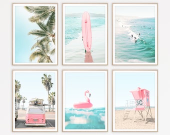 Surf Print, Set Of 6, Beach Print, Coastal Decor, Pink Wall Art, Tropical Print, Ocean Art, Gallery Wall Set, Beach Wall Art, Surfboard Art