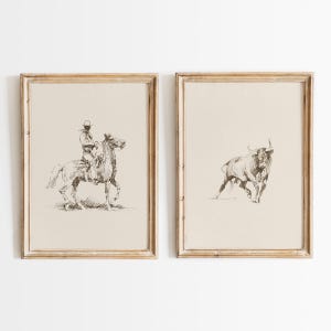 May include: Two framed illustrations in a rustic style. The left illustration shows a cowboy riding a horse. The right illustration shows a bull running.