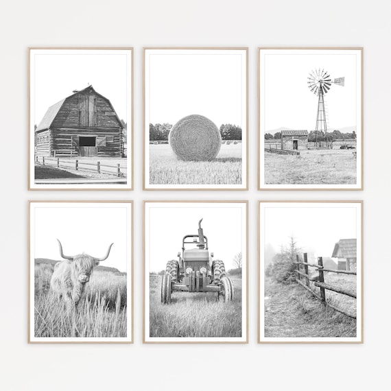 Modern Farmhouse Gallery Wall Print Set, Country Decor, Farm Poster, Rustic Black & White Prints