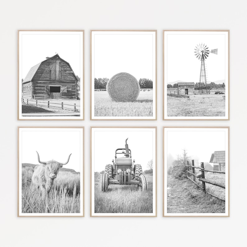 May include: A set of six black and white photographs depicting various scenes from a farm, including a barn, a hay bale, a windmill, a tractor, a cow, and a fence.