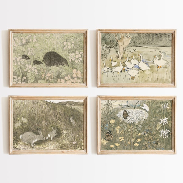 Stampe di animali del bosco: decorazioni vintage per la cameretta dei bambini, decorazioni murali rustiche in stile fattoria, download digitale