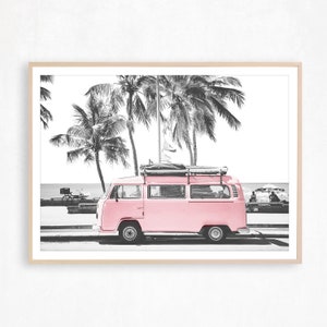 Pink Beach Wall Art Coastal Print Retro Van Poster Surf Decor Blush Pink Wall Art Camper Van Print Noir et Blanc Beach Print Surfing Art
