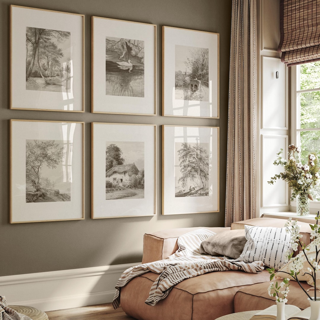 Neutral Gallery Wall Art Set - Vintage Sketch Prints, Landscape Wall ...