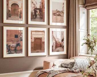 Set van 6 Marokkaanse prints: Terracotta wanddecoratie, boho wanddecoratie, Arabische poster