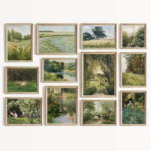 Country Landscape Wall Art Set - Rustic Farmhouse Painting, Green Living Room Decor, Vintage Gallery Prints, Cottagecore Botanical Prints