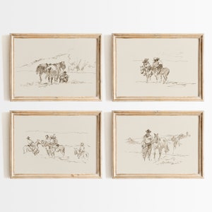 Cowboy-Skizzen-Druck-Set, Vintage-Western-Poster, südwestliches Dekor, neutrale minimalistische Wandkunst, Vintage-Pferdekunst