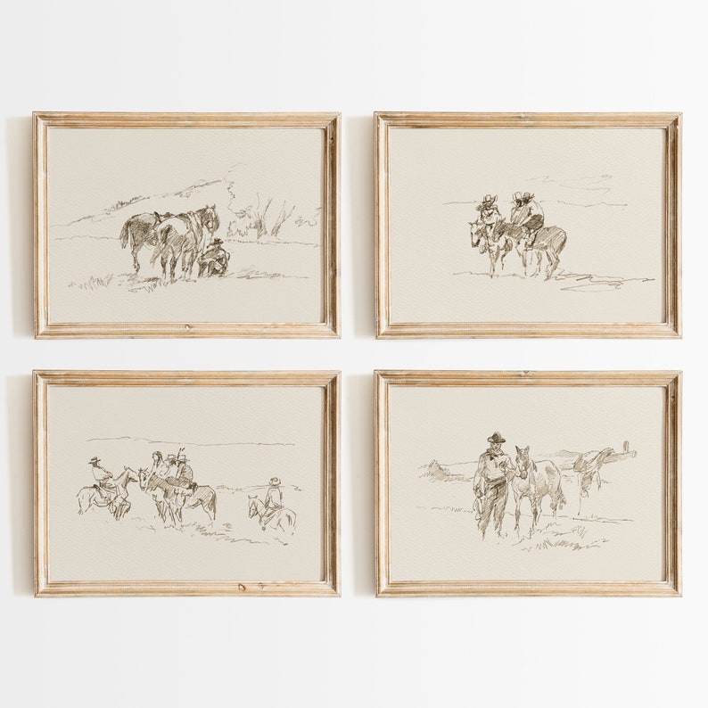 Cowboy Sketch Print Set Vintage Western Posters Southwestern Decor Neutral Minimalist Wall Art Vintage Horse Art