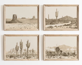 May include: Set of four sepia-toned desert landscape prints in wooden frames. The prints feature cacti, mountains, and rock formations.