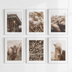 May include: Set of six framed art prints featuring nature scenes. Includes a snowy cabin, tall grass, a flock of sheep, a Highland cow, a stack of firewood, and a horse with a long mane. The prints are in neutral tones.