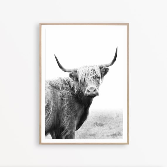 Highland Cow Print, Black and White Farmhouse Decor, Nordic Wall Art, Farm Poster Printable