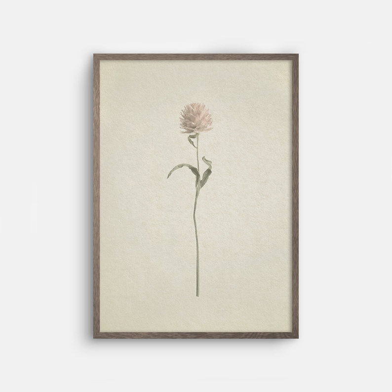 May include: A framed print of a single, delicate pink flower with green leaves on a beige background.