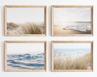 Beige Beach Prints Set of 4: Coastal Ocean Wall Art, Landscape Printable Posters
