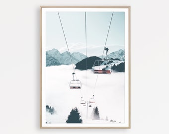 Lámina con estampado de telesilla y montaña, póster de snowboard, decoración escandinava, lámina decorativa de deportes de invierno para imprimir.