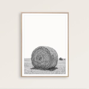 May include: Black and white photograph of a large round hay bale in a field. There is a smaller hay bale in the distance.