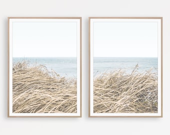 Coastal Grass Beach Prints: Neutral Boho Wall Art, Set of 2 Posters, Digital Download