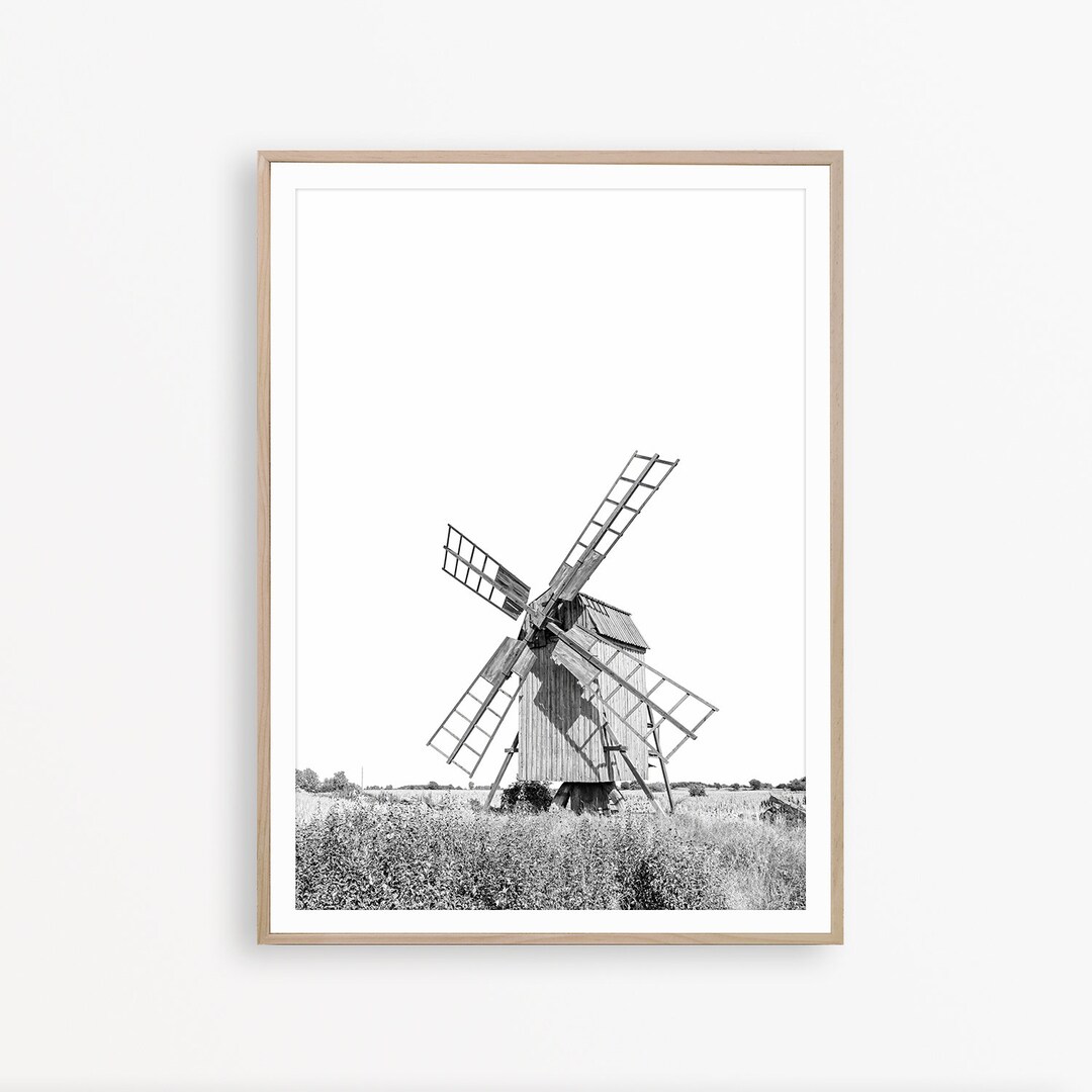 Farmhouse Black White Wall Art. Windmill, 3 Cows, Hay Bales main image 1