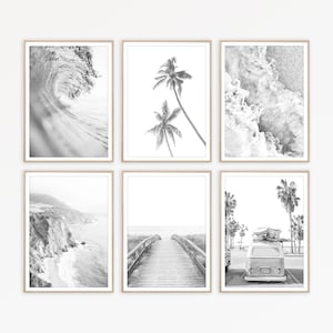 Juego de 6 impresiones de océano en blanco y negro, Decoración de surf, Decoración de arte de pared costera, Arte de pared de tabla de surf, Galería de arte, Juego de pared, Impresión de palmeras, Arte de olas