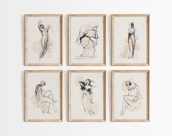 Figure Sketch Art Print Set, Neutral Minimalist Line Drawing, Female Art, Abstract Wall Prints