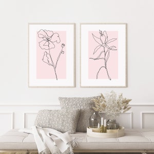Botanical Line Art Pink Gallery Wall Set of 6 Wall Art Minimalist Print ...