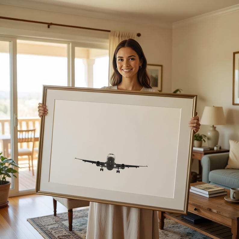 May include: A framed print showing a black and white aeroplane in flight. The artwork is presented in a gold-coloured frame. The image is held by a person wearing a light-coloured dress.