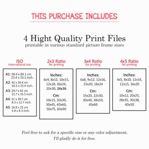 K&ouml;nnte beinhalten: Eine Tabelle mit vier verschiedenen Druckdateigr&ouml;&szlig;en f&uuml;r druckbare Kunst. Die Tabelle tr&auml;gt den Titel "This Purchase Includes 4 High Quality Print Files" und listet die Gr&ouml;&szlig;en in Zoll und Zentimetern auf. Die Gr&ouml;&szlig;en sind mit "ISO International Size", "2x3 Ratio for Printing", "3x4 Ratio for Printing" und "4x5 Ratio for Printing" gekennzeichnet.