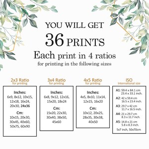 May include: A chart showing 36 different print sizes in inches and centimeters for 2x3, 3x4, and 4x5 ratios. The chart also includes ISO international paper sizes in centimeters and inches.