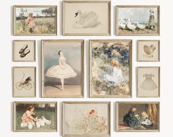 Girls Nursery Prints, Vintage Paintings, Baby Girl Room Decor, Beige Gallery Wall Art Set