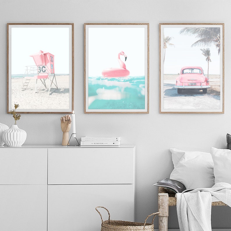 Pink Beach Wall Art Beach Print Set of 3 Prints Coastal Decor Etsy