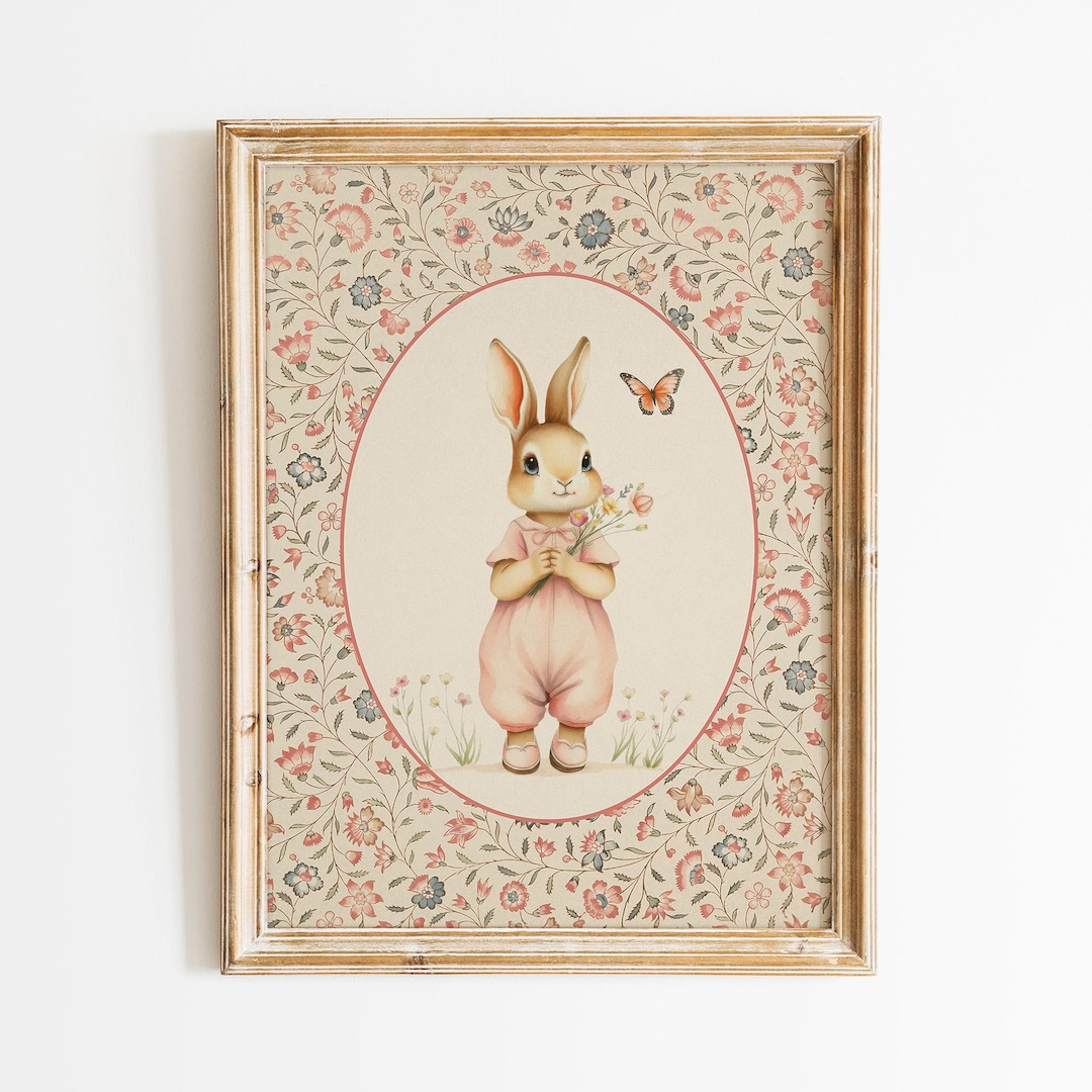 Rabbit and Butterfly - Vintage Nursery Print, Neutral Baby Room Decor ...