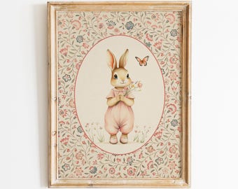 Vintage Rabbit Nursery Print – Pink Floral Bunny Art, Neutral Baby Room Wall Decor