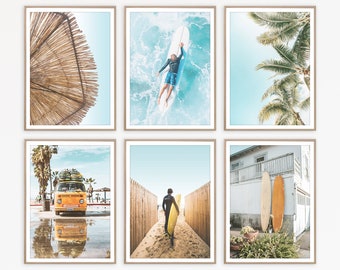 Tropical Beach Gallery Wall Art Prints, Surfboard Decor, Surfer Poster Set, Digital Download