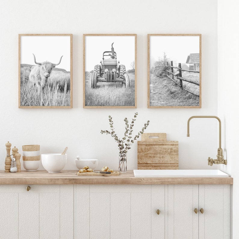 May include: Three black and white framed photographs of a farm scene. The first photo shows a Highland cow standing in a field of grass. The second photo shows a tractor driving through a field. The third photo shows a wooden fence and a barn in the distance.