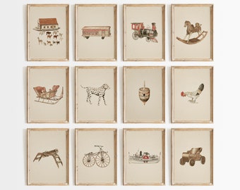Vintage Toys Nursery Prints, Play Room Decor, Kids Wall Art, Neutral Gallery Wall Set